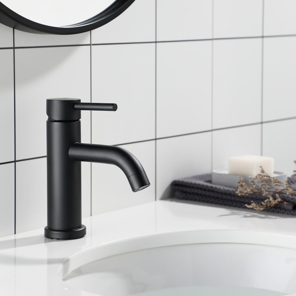 Single Hole Stainless Steel Bathroom Sink Faucet, Matte Black