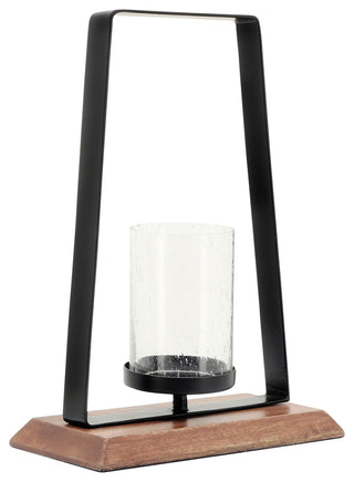 Metal, 14"H Hurricane, Wood Base, Black