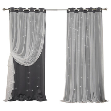 Tulle Overlay Star Cut Out Blackout Curtains, Dark Gray, 52" W X 84" L