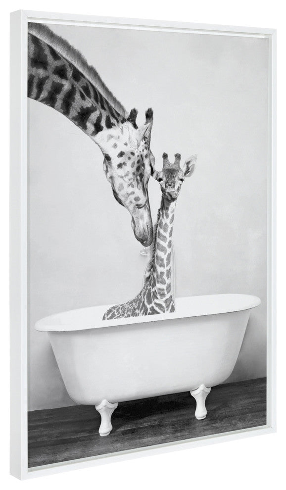 Sylvie Giraffe in Tub Framed Canvas by Amy Peterson, White 23x33