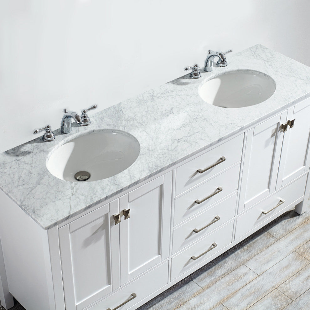 Vinnova Gela 72" White Double Sink Vanity With Carrara White Marble Countertop