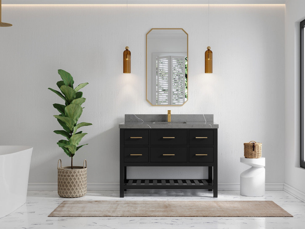 Parker 48" Single Sink Bath Vanity, Black 2" Piatra Gray