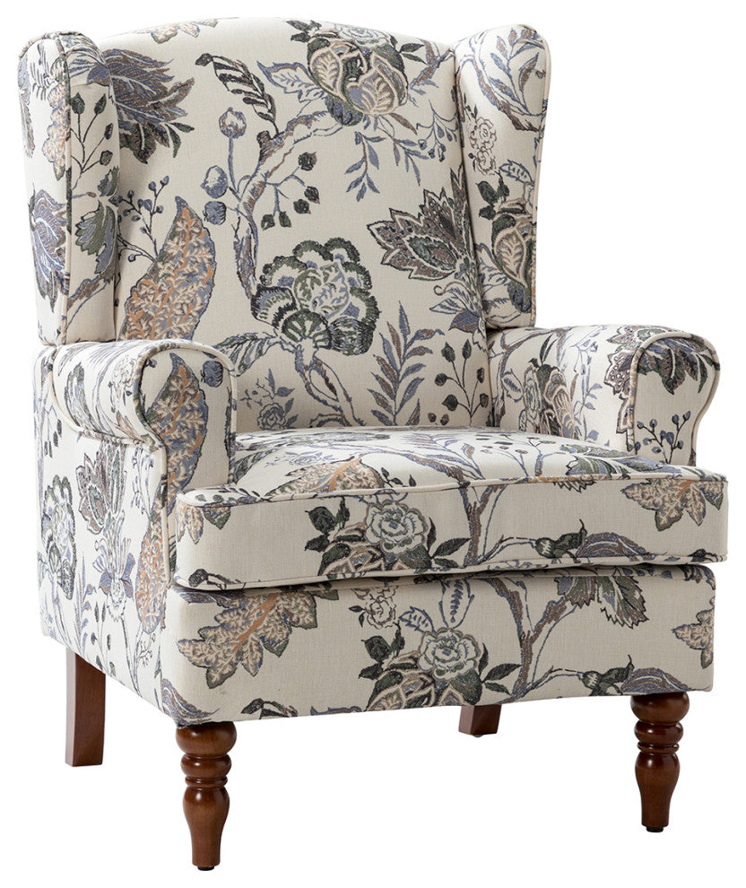 Floral Wingback Armchair with Turned Legs, Green