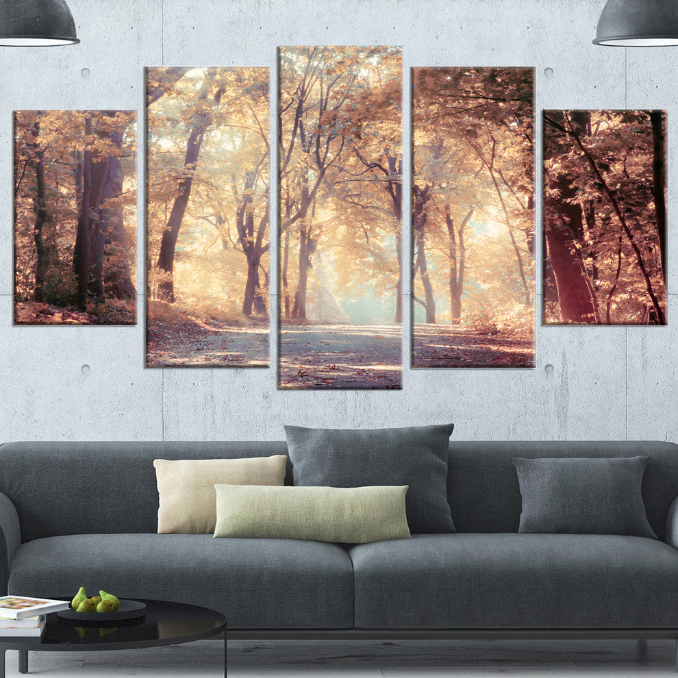 Golden Autumn Beautiful Forest, Landscape Canvas Art Print, 60"x32", 5 Panels