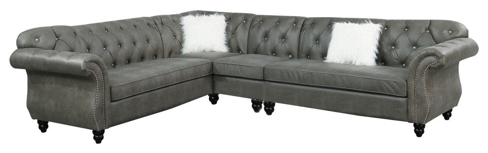 Benzara BM231975 4 Piece Sectional With Crystal Tufted Back and Rolled Arm, Gray