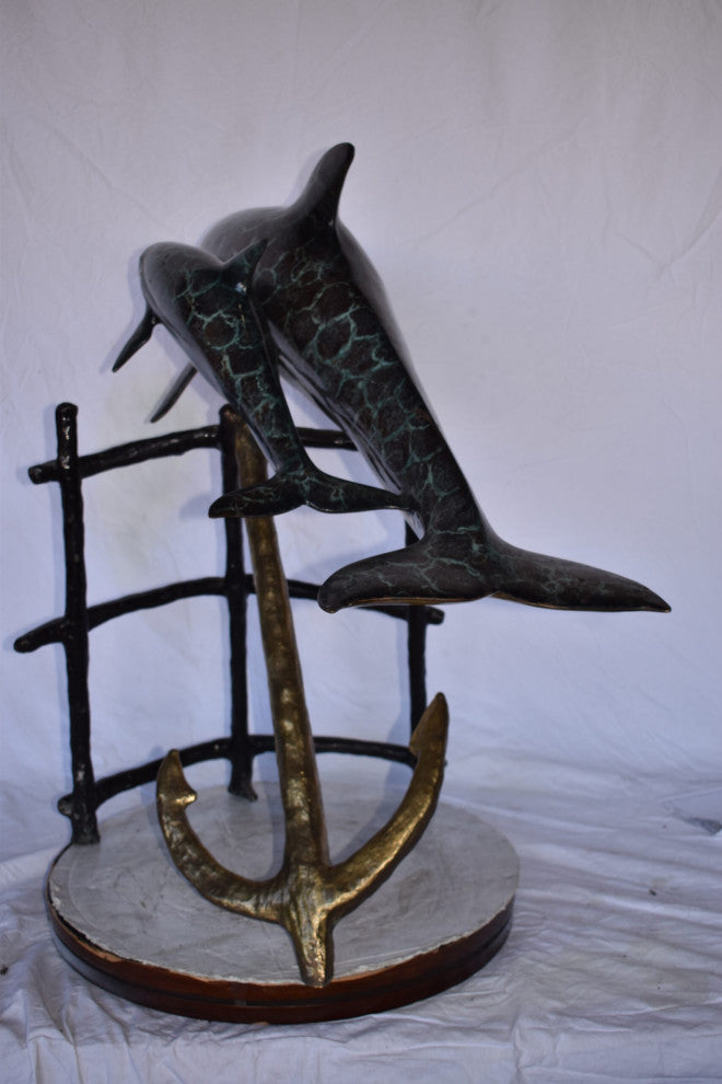 Two Dolphins Swimming Bronze Statue slight paint damage 46"x 23" x 36"H