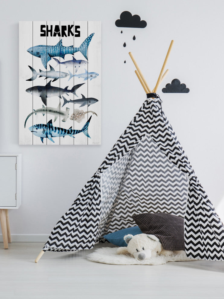 "Sharks" Painting Print on White Wood, 30x45