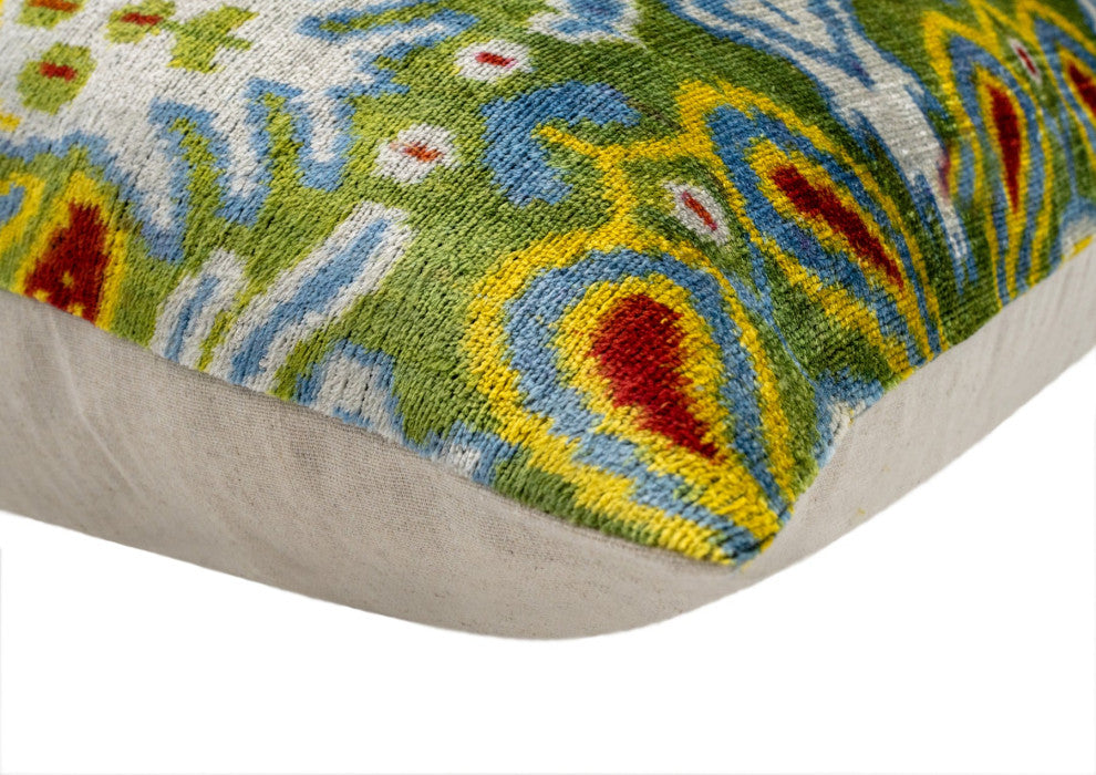 Handmade Velvet Throw Pillow With Multicolor Ikat Design 20x20"