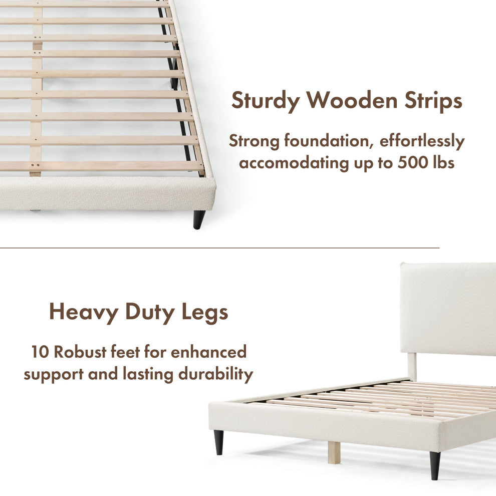 Miles White Boucle Upholstered Wood Frame Platform Bed, Queen, Pillow