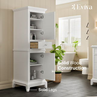 Infographic: open cabinet with interior view and overlay descriptions (Solid Wood Construction, Solid Legs).