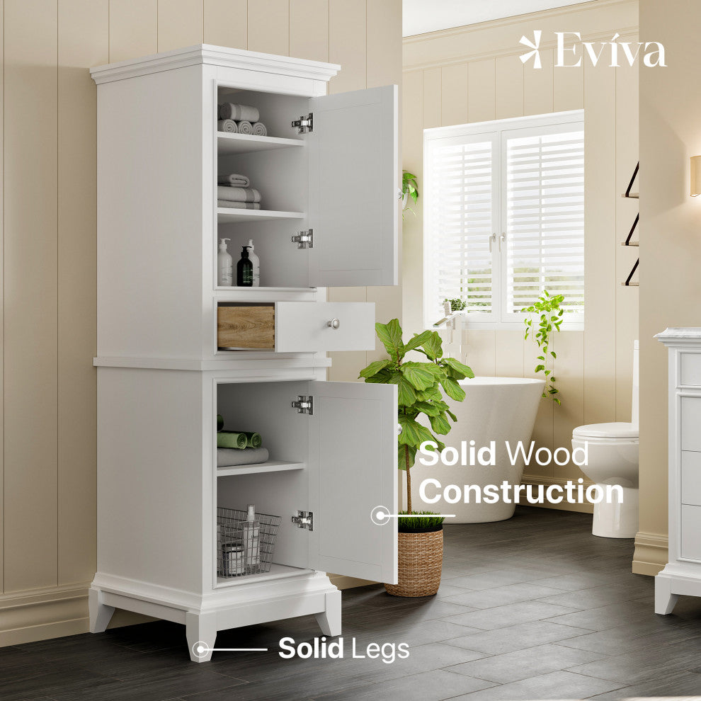 Infographic: open cabinet with interior view and overlay descriptions (Solid Wood Construction, Solid Legs).