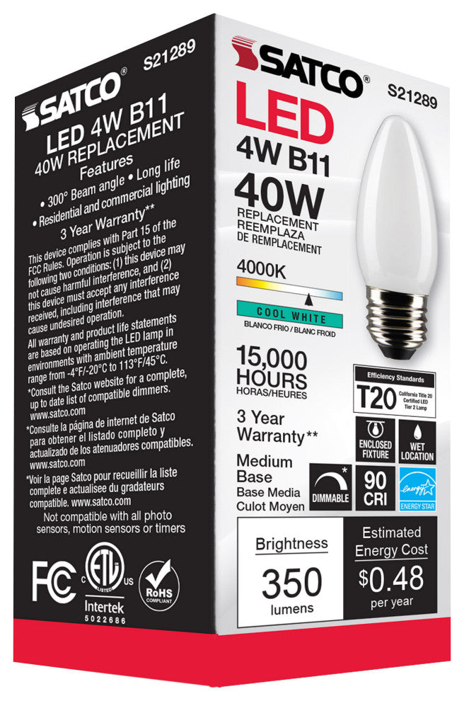 4W B11 LED, Frost, Medium Base, 90 CRI, 4000K, 120V