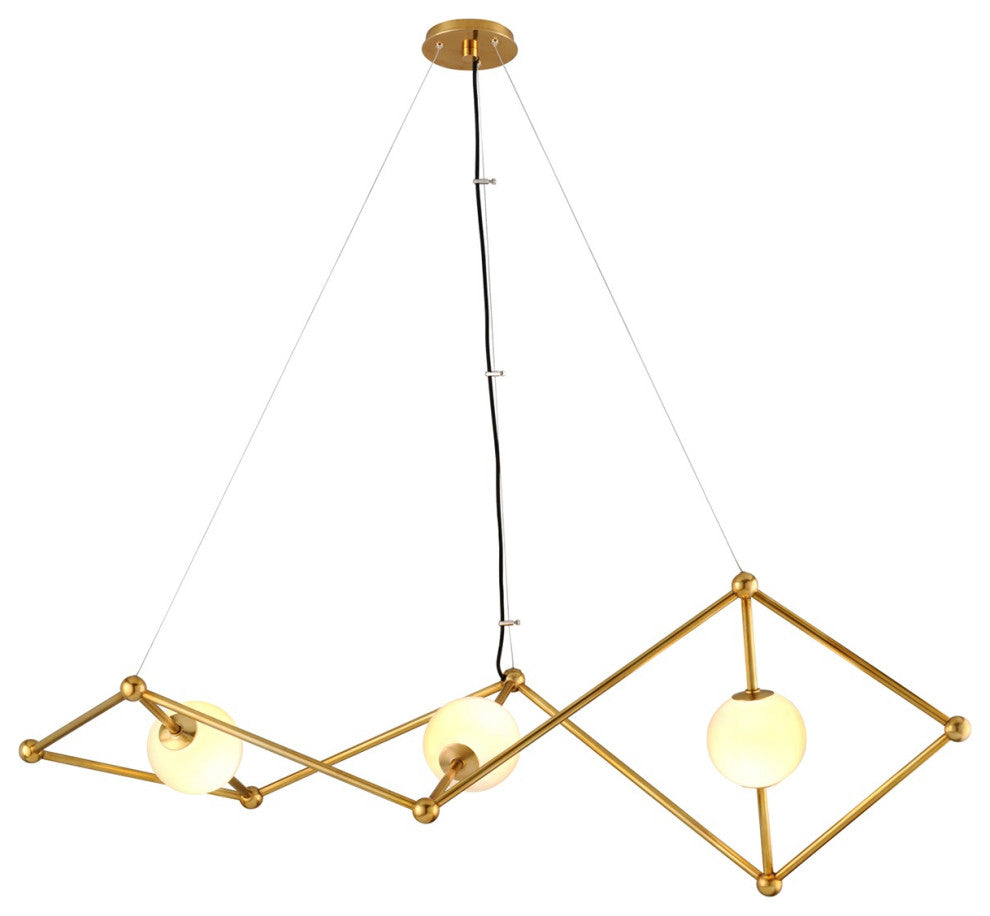 Bickley  - 3 Light Linear Chandelier - Vintage Brass - Opal White