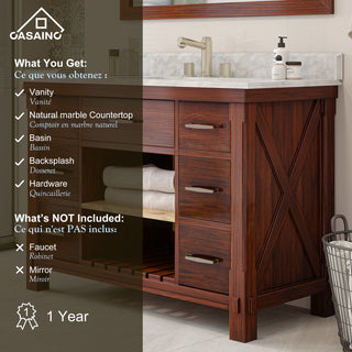 Freestanding Bath Vanity in Brown with White Carrara Marble Top, 48in