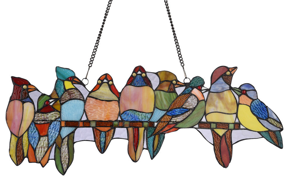 Birds On A Vine Tiffany-Style Animal Design Window Panel 25"x10"