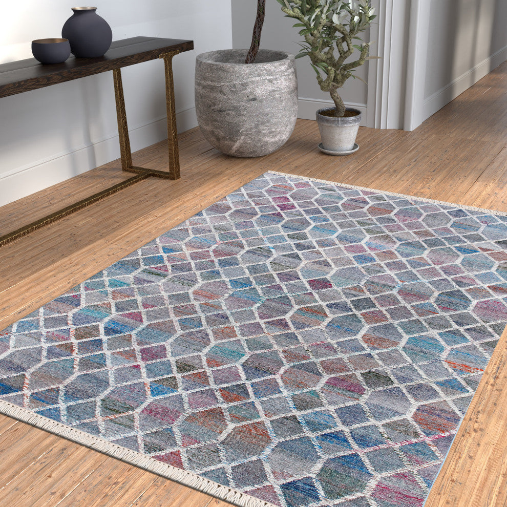 Multicolored Mosaic Lattice Handwoven Wool Dhurrie Area Rug, 2' X 3'