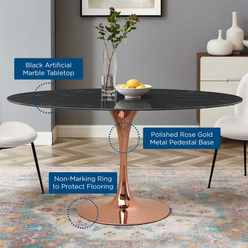 Dining Table, Oval, Artificial Marble, Metal, Rose Gold Black, Modern, Bistro