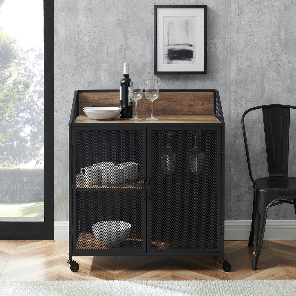 33" Urban Industrial Bar Cabinet Rolling Cart With Mesh Doors, Rustic Oak