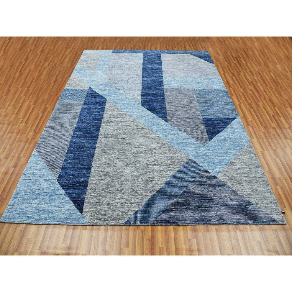 Beau Blue Geometric Art Nouveau Collection Soft Wool Hand Knotted Rug9'2"x11'10"