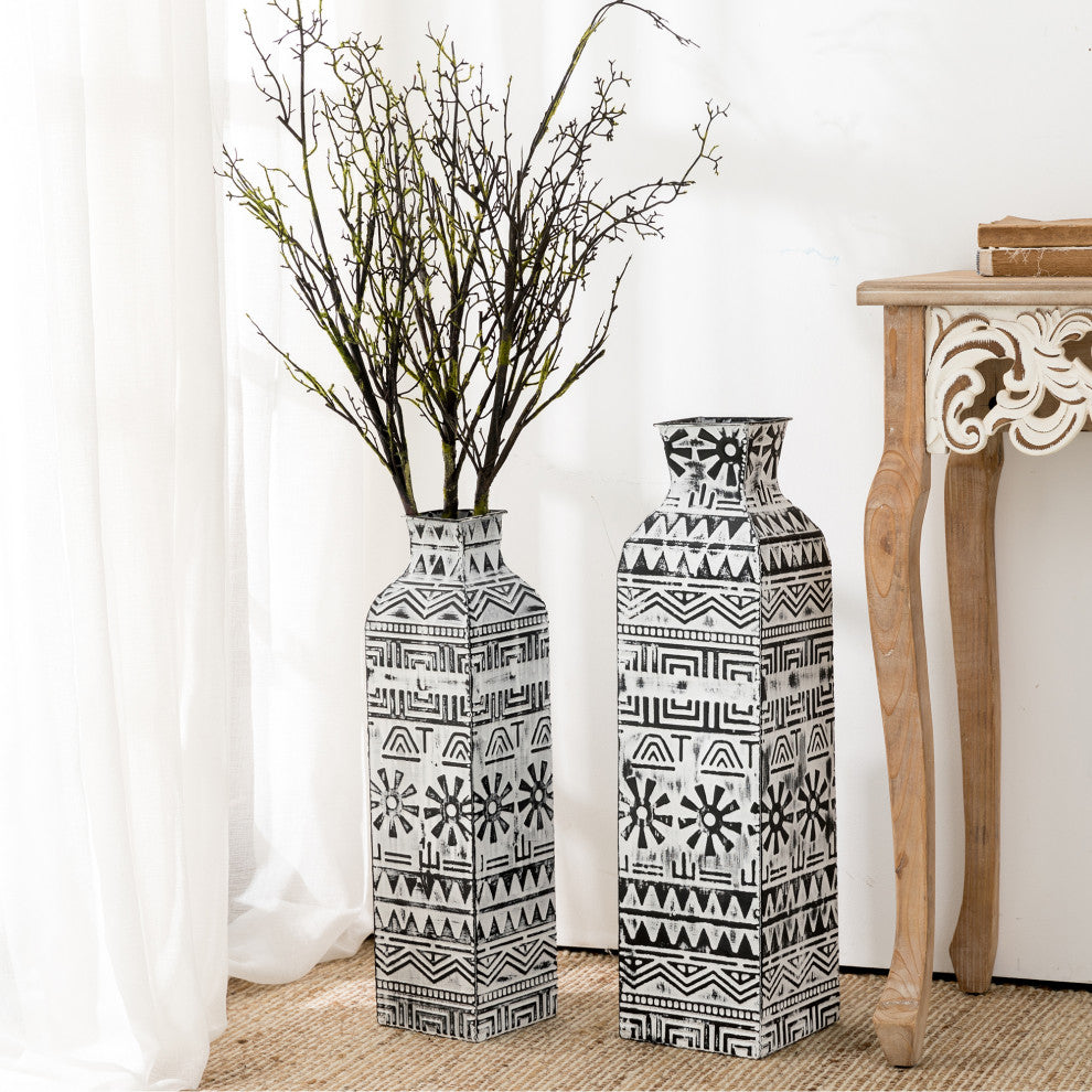 Global/Boho Textured Metal Table/Floor Vase, Set of 2