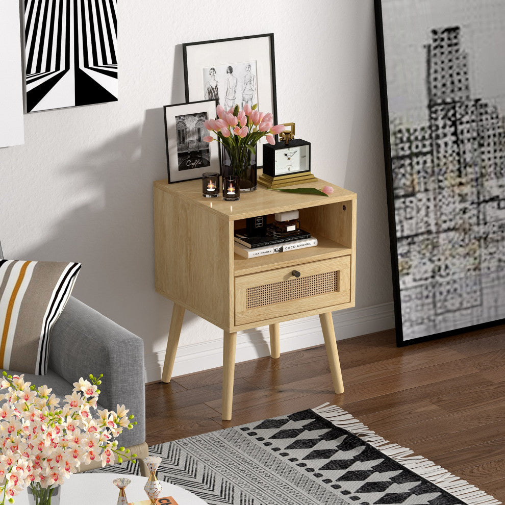 Rattan Solid Wood Legs Nightstand, Bedside Table With 1 Rattan Drawers Natural