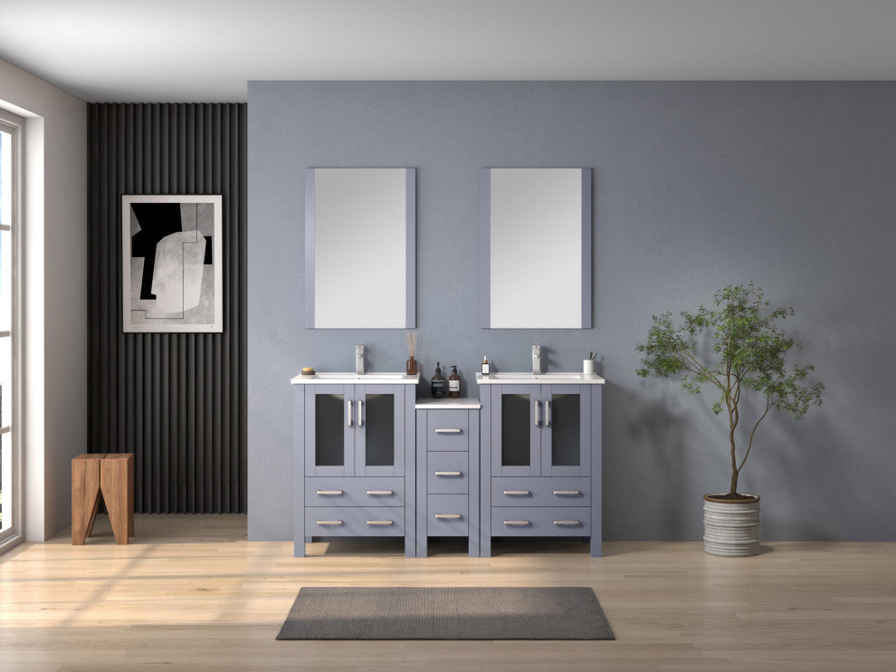Lexora Volez 60" Vanity Cabinet, Dark Gray, Top, Mirror, 4 Doors 7 Drawers