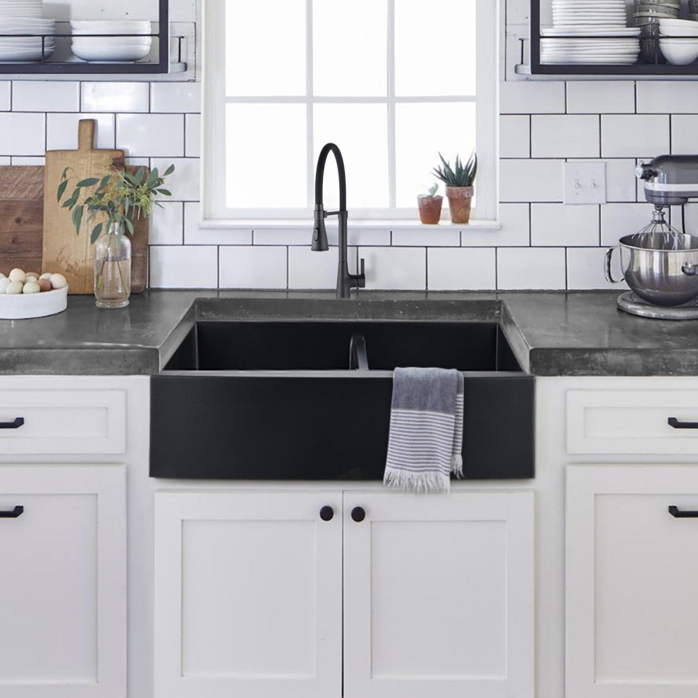 33" x 22" Black Quartz Double Bowl Farmhouse Apron Kitchen Sink With Strainer