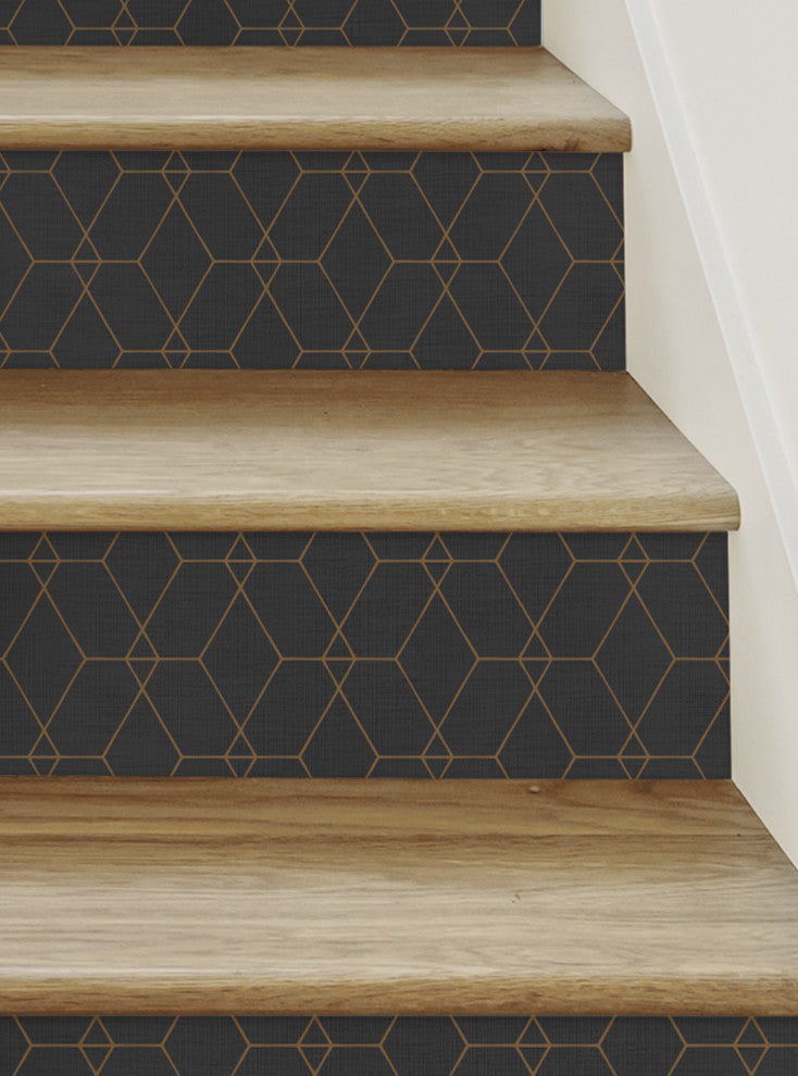 Hexagon Geometric Art Deco Lines Peel and Stick Stair Riser Strips, Ebony, 48"w X 6"h, 6 Pack