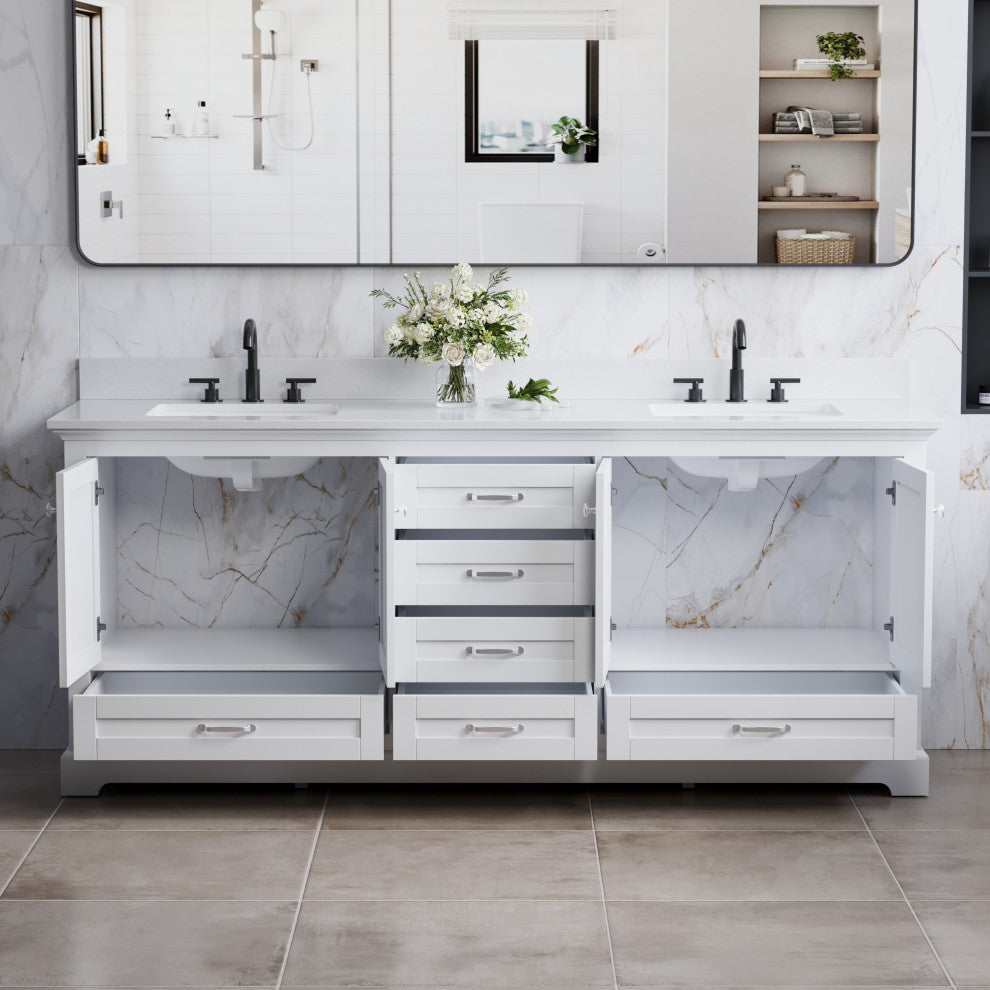 80" Freestanding Bathroom Vanity with White Cultured Marble Top in White