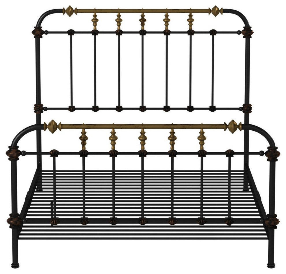 Benzara BM131756 Transitional Queen Metal Bed, Black and Gold