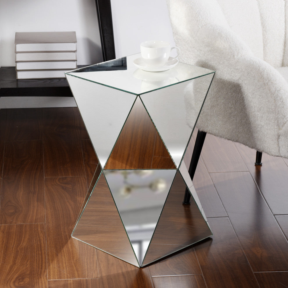 Pedestal table crafted in triangular mirror