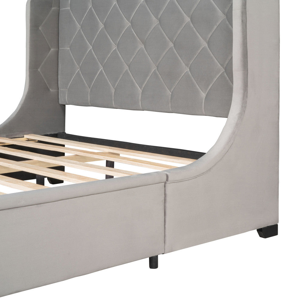 Queen Upholstered Platform Bed with Wingback Headboard and Drawer, Gray