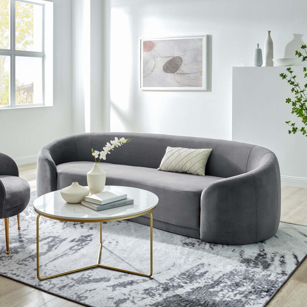 Sofa, Gray, Velvet, Modern, Mid Century Living Hotel Lounge Cafe Lobby