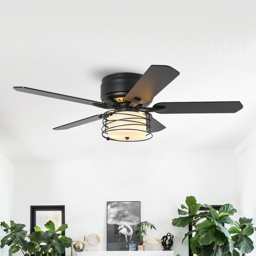 48 Black 5  Blades Industrial Flush Mounted LED Ceiling Fan With Remote Control
