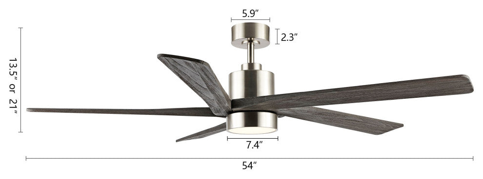 54" Reversible 5-Blade LED Ceiling Fan With Remote and Light, Brushed Nickel/Gray