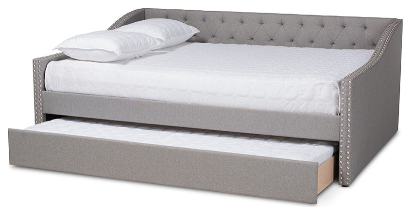 Haylie Light Grey Fabric Upholstered Full Size Daybed With Roll-Out Trundle Bed
