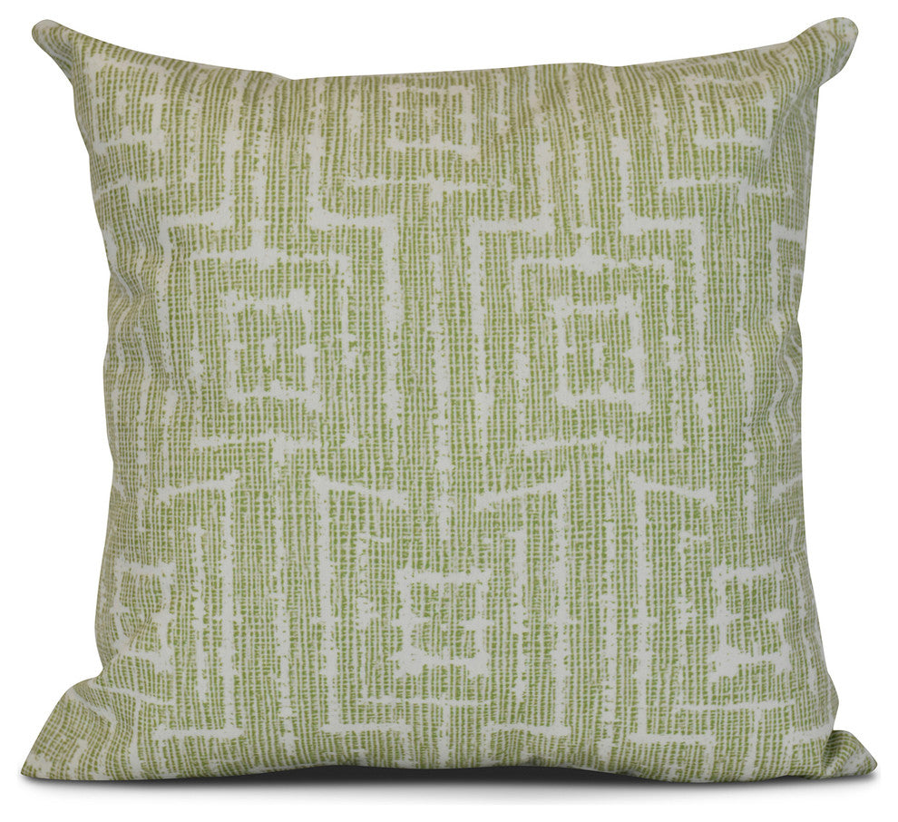 Green Woven Tiki, Geometric Print Pillow, 16"x16"