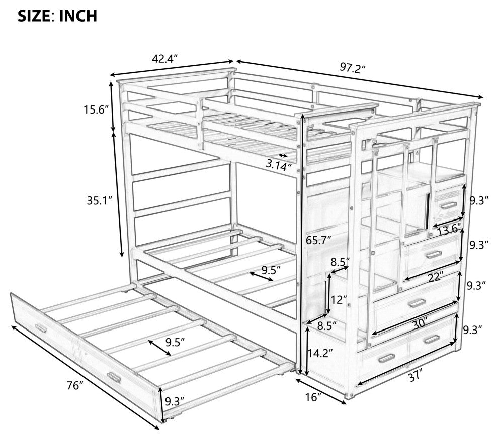 Gewnee Solid Wood Twin Over Twin Bunk Bed with Trundle and Staircase in Gray