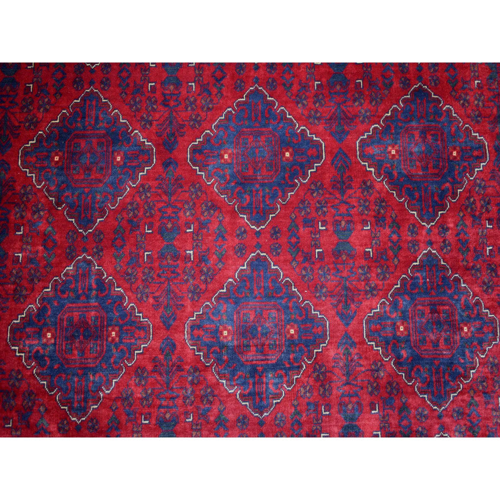 Deep and Saturated Red Soft Wool Hand Knotted Afghan Khamyab Rug, 9'10"x13'0"