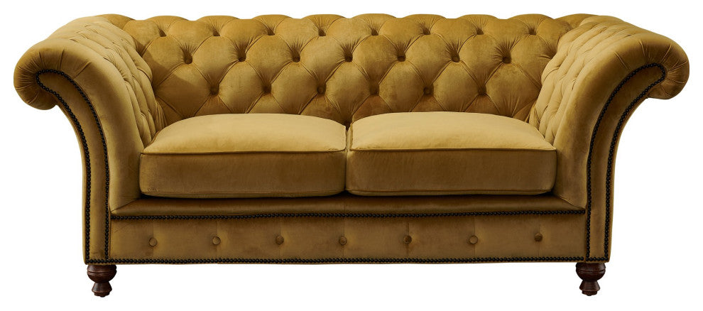 Peyton Sloped Arm Chesterfield Love Seat Yellow Velvet
