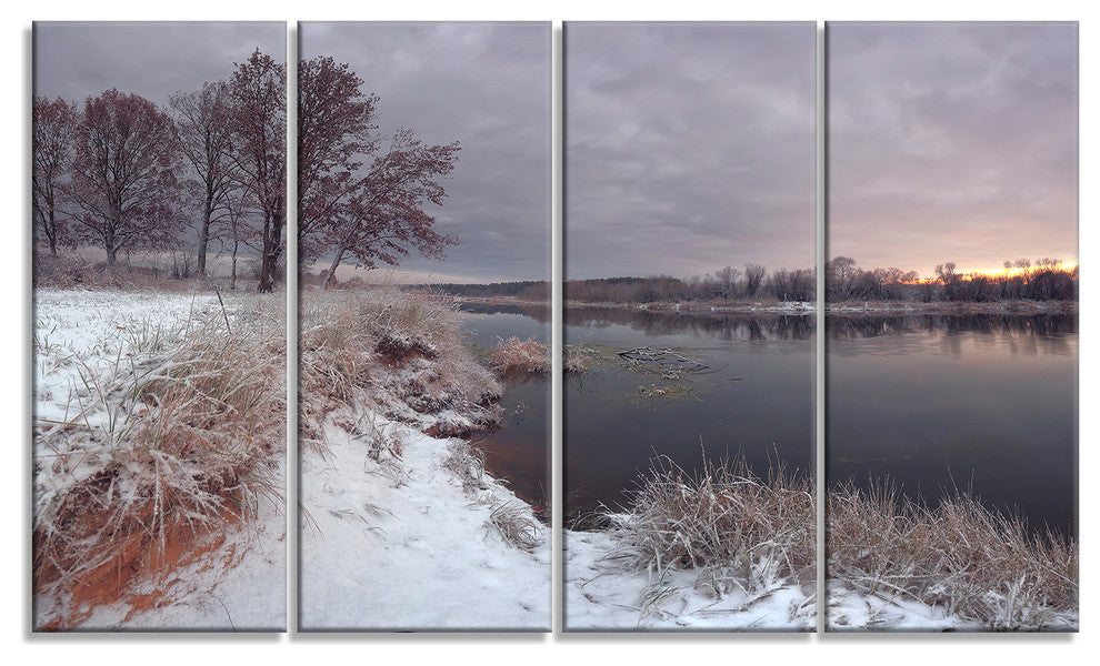 Winter River in Dark Morning, Seashore Wall Art on Canvas, 48"x28", 4 Panels