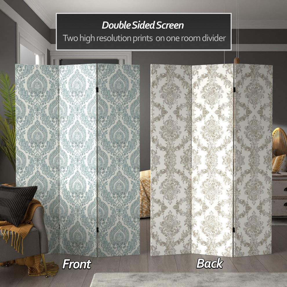 6'' Tall Double Sided Ivory Damask Canvas Room Divider