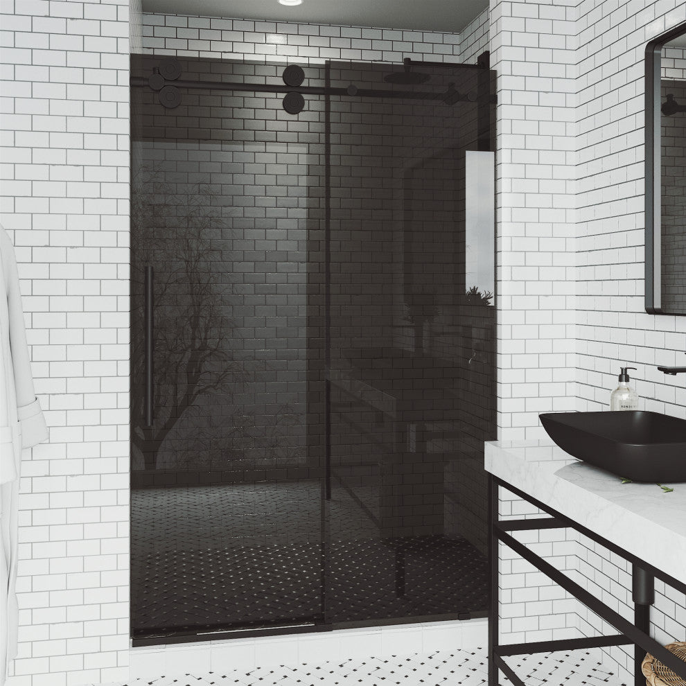 VIGO Elan 56" to 60" W x 74" H Frameless Sliding Shower Door, Matte Black, Black Tint Glass