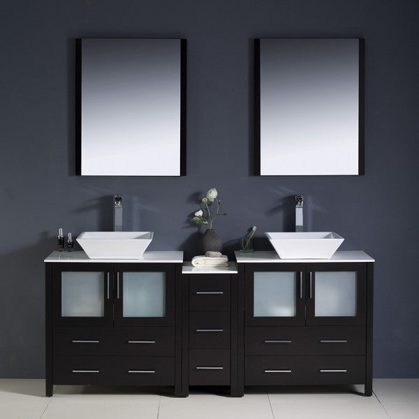 Torino 72" Espresso Double Sink Bathroom Vanity, Side Cabinet, Vessel Sinks