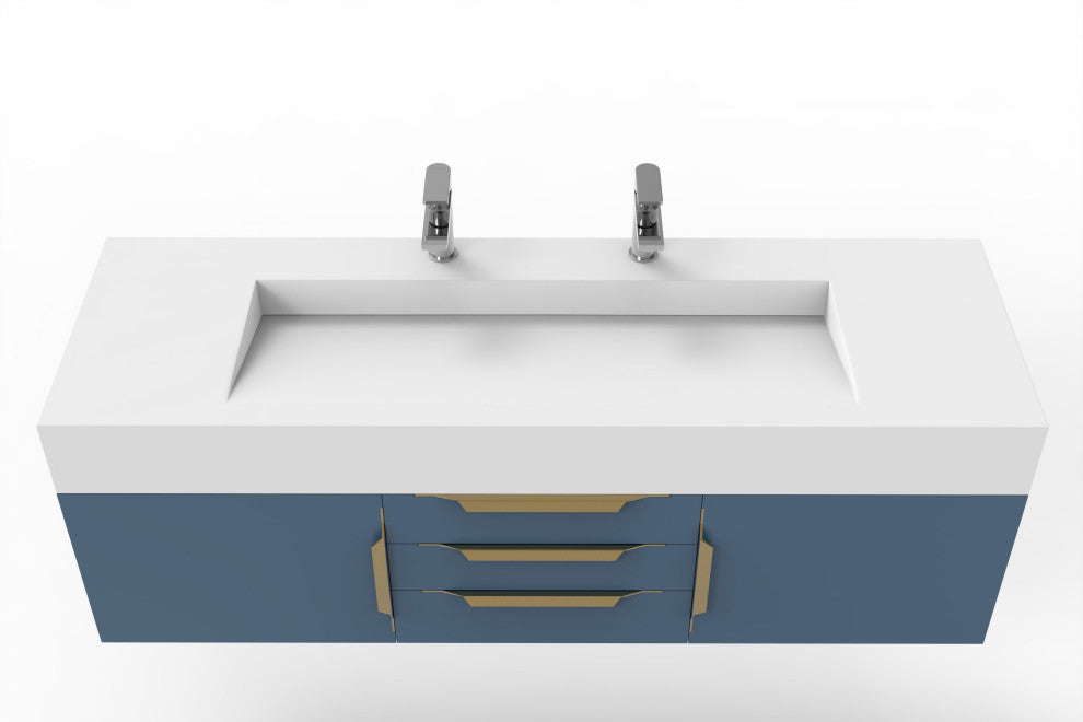 CastelloUSA Nile 60" Wall Mounted Vanity Set, Blue, White Top, Gold Handles