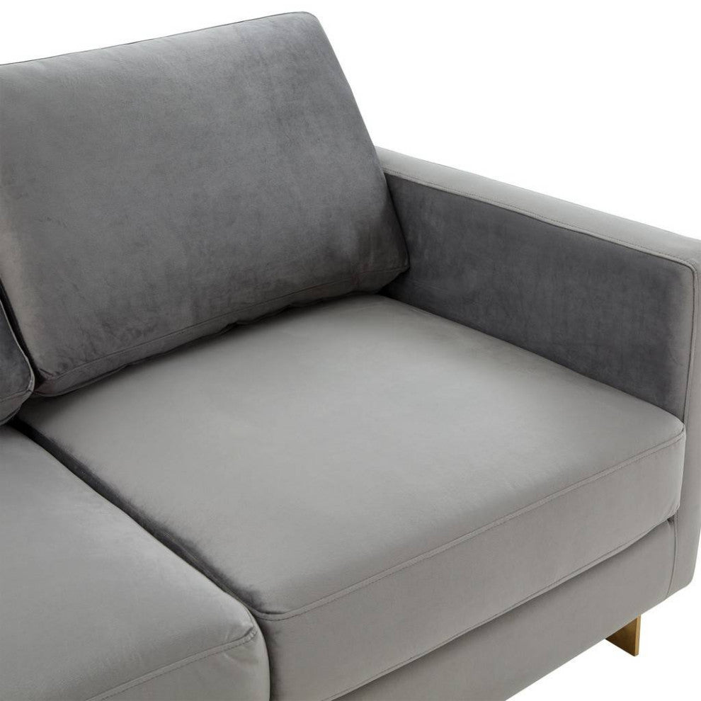 LeisureMod LA55LGR Lincoln Light Grey Mid-Century Velvet Loveseat Gold Frame