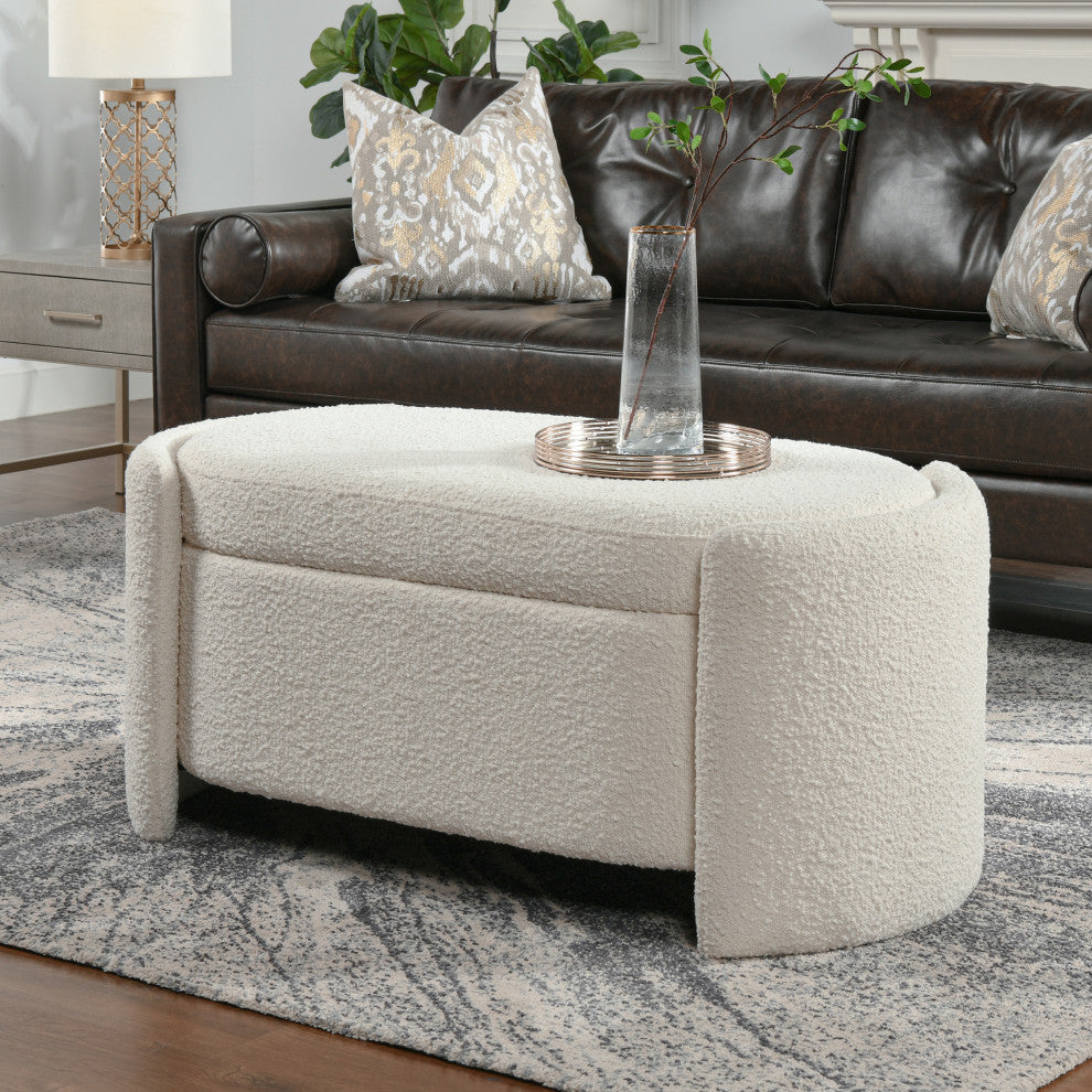 Fuji 43" Upholstered Oval Storage Bench, Ivory White Boucle