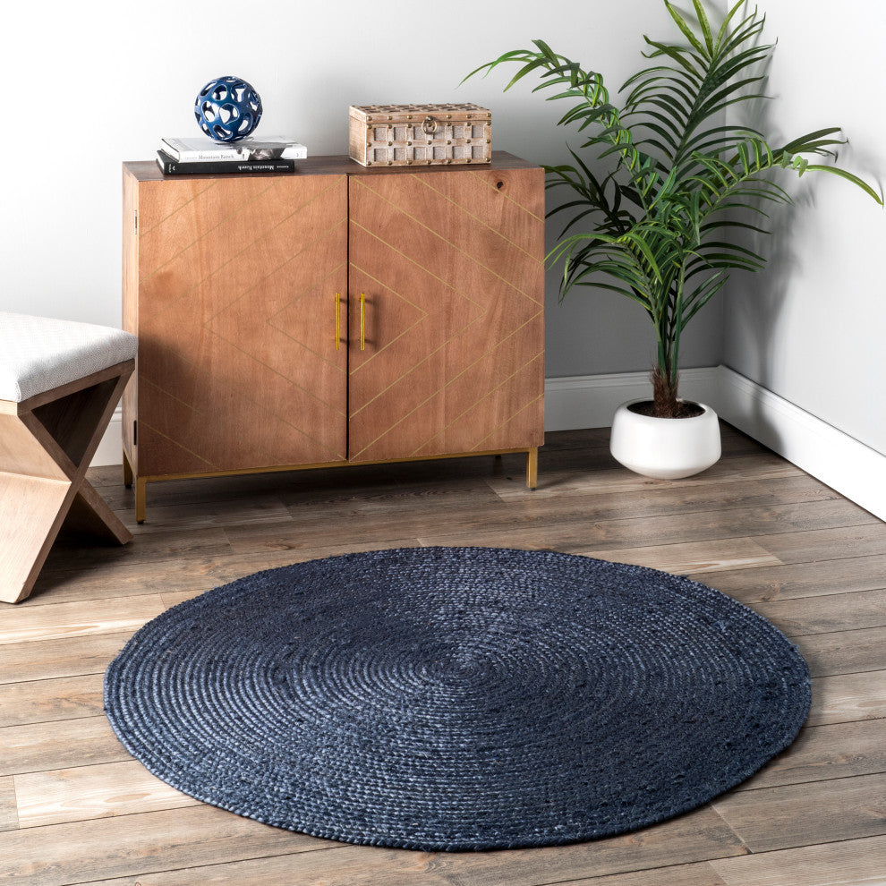 Nuloom Rigo Hand Woven Farmhouse Jute Area Rug, Navy 6'Round