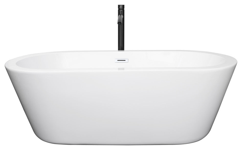 67" Freestanding Bathtub, White, White Trim, Floor Mounted Faucet, Black