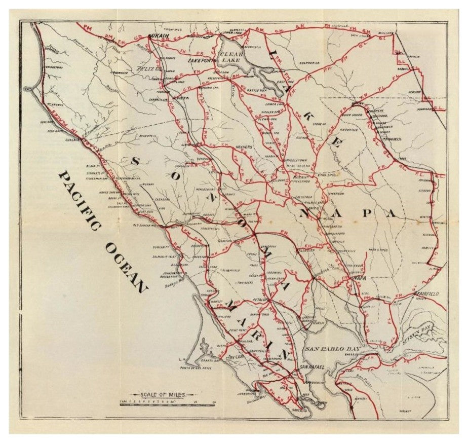 "California - Sonoma, Marin, Lake, and Napa Counties, 1896" Paper Art, 18"x17"
